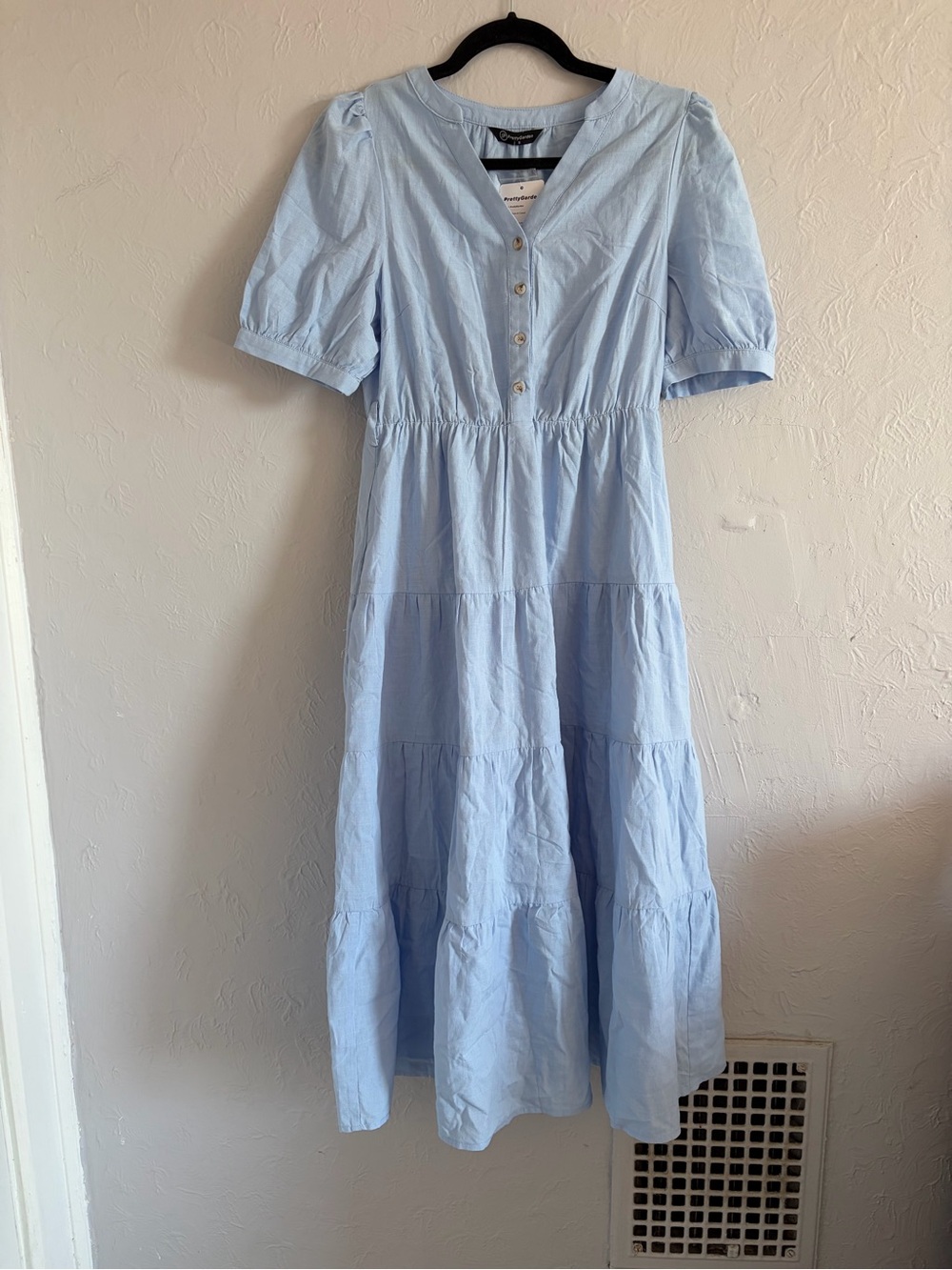 PRETTYGARDEN Light Blue Tiered Midi Dress Short Puff Sleeve Size Small NWT